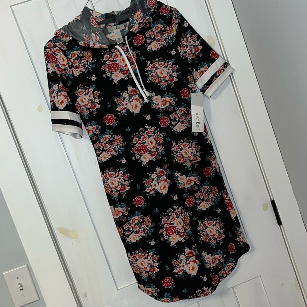 Black Floral Hooded T-shirt Dress- New with tags